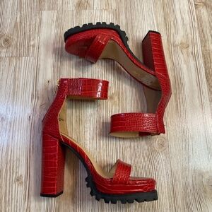 Liliana Monclair-19A strap rugged thick ankle heel sandals, red crocodile